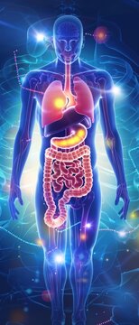 Illustration of human digestive system with highlighted organs including stomach, intestines, and other internal body parts for medical study.