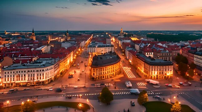 Centrum Łodzi przy zachodzącym słońcu