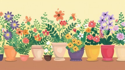 A vibrant display of colorful flowers in various decorative pots, creating a warm and inviting atmosphere for a garden center or home decor store. Generative AI