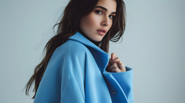 Beautiful brunette woman in a blue coat and nice top Fashion spring autumn winter photo : Generative AI