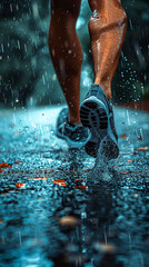 courage and strength of sports, vertical mobile banner background image with rear bottom angle view of man runner legs with sports shoes in a rainy day, wet floor and water spread in sides.  