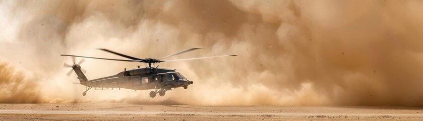 Helicopter landing in a desert, creating a huge dust cloud. Captured in action, the chopper blends into the vast, sandy landscape.