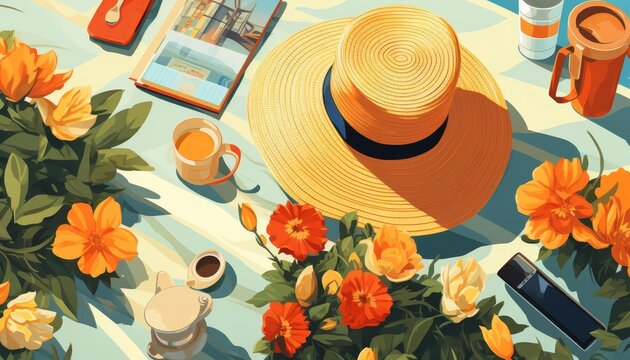 Cherished memories flat design top view summer moments theme cartoon drawing Complementary Color Scheme