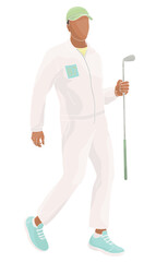 smiling golf club staff character African American male caddie with golf club