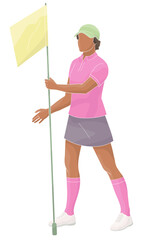 smiling golf club staff character African American female caddie with flag