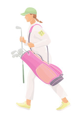 smiling golf club staff character  female caddiewith golf club and club bag