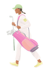 smiling golf club staff character African American female caddiewith golf club and club bag