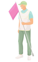 smiling golf club staff character  male caddie with flag