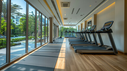 Spacious gym featuring treadmills and large windows, offering a bright and motivating environment for fitness enthusiasts.
