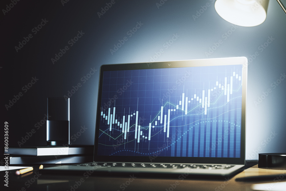 Fototapete modern computer screen with abstract financial diagram, banking and accounting concept. 3d rendering