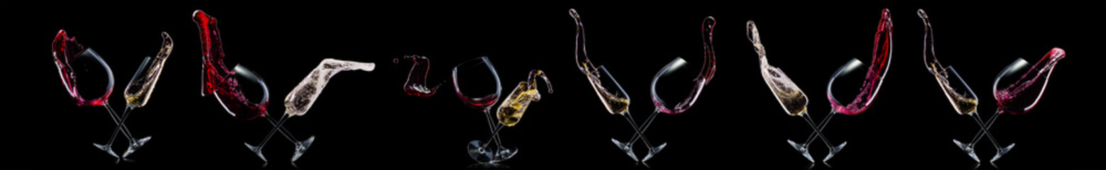 Fototapeta premium Set of red wine and champagne glasses on isolated on a black background
