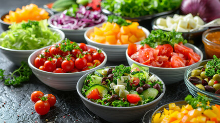 Variety of fresh salad ingredients including tomatoes, cucumbers, and peppers, beautifully arranged in bowls, ready for preparation.