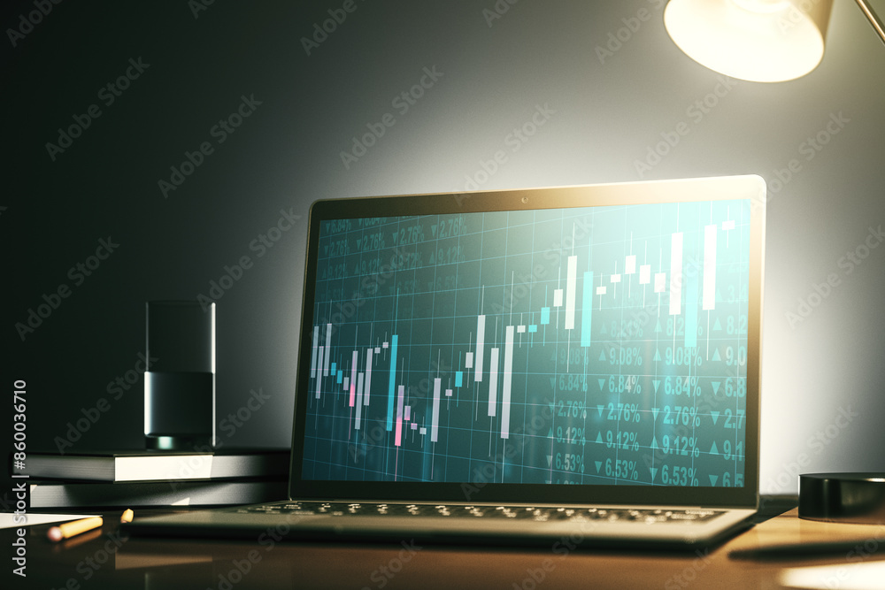 Leinwandbilder computer monitor with abstract financial graph, finance and trading concept. 3d rendering