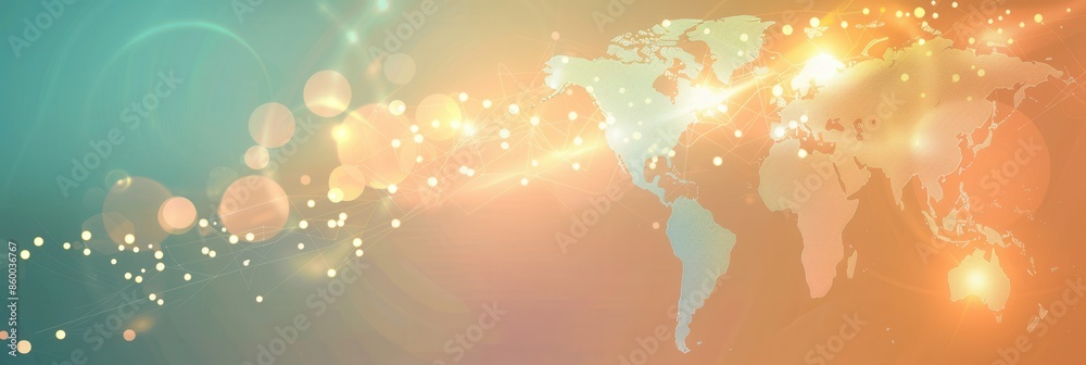 Poster An abstract minimalist world map illustration featuring continents outlined in clean lines. The background is a soft gradient of teal, orange, and yellow, with glowing lights.