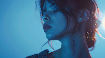 Naklejka premium fashion portrait of sensual stylish girl on a blue background : Generative AI
