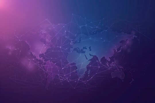 A minimalist globe map with clean lines and a purple and blue gradient background. Perfect for travel agencies and global travel companies. Generative AI