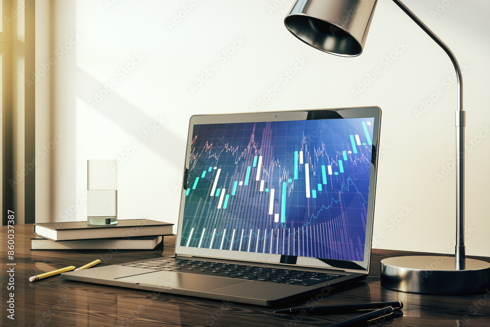 Poster Modern computer monitor with abstract creative financial chart, research and strategy concept. 3D Rendering
