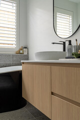 modern bathroom interior black bath wood cabinetry 