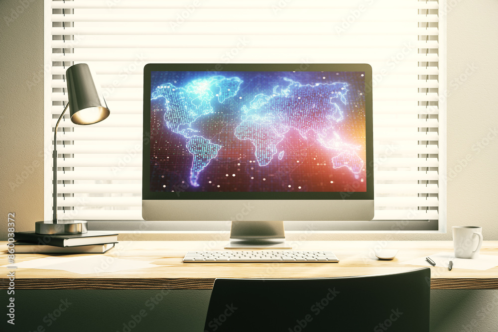 Poster Abstract digital world map on modern computer monitor, big data and blockchain concept. 3D Rendering