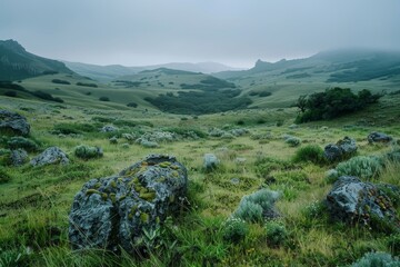 Rolling Hills of Green in the Mist