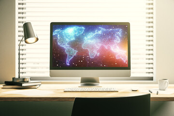 Abstract digital world map on modern computer monitor, big data and blockchain concept. 3D Rendering