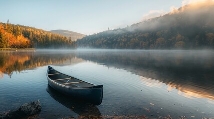Peaceful Canoe on Misty Mountain Lake at Dawn