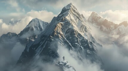Majestic Snow-Capped Mountain in Misty Clouds