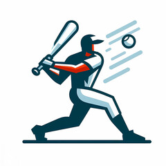 Vector illustration of a baseball player hitting a baseball in a field on a white background, minimalist style.