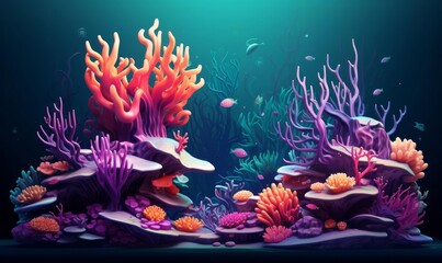 coral reefs ecosystem flat design side view ocean habitat 3D render Triadic color scheme