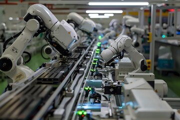 Fototapeta premium Close-up of industrial robots working on an assembly line.
