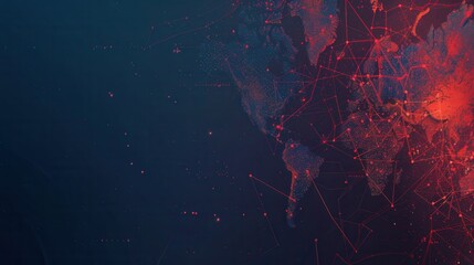 A clean, minimalist illustration of a globe with continents outlined and connected by thin red lines on a deep blue background. Generative AI