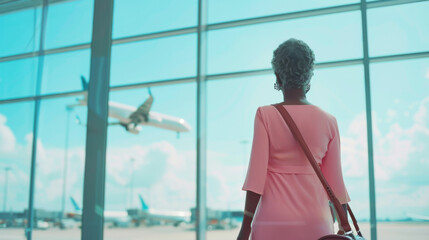A senior busineswoman with luggage in the airport looking at airplane flying outside the window
