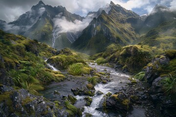 Fototapeta premium Mountain Stream and Misty Peaks