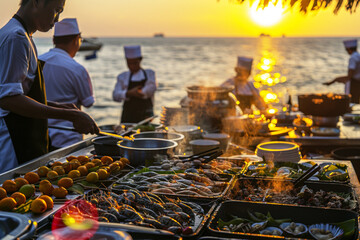 Seafood cooking class. Culinary tourists learn to prepare freshest catches in open-air seaside kitchen