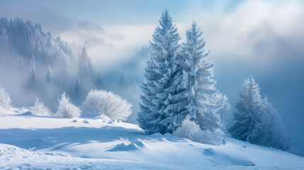 Fototapeta premium Beautiful winter landscape featuring frost-covered trees and snowy hills in a serene, foggy setting.