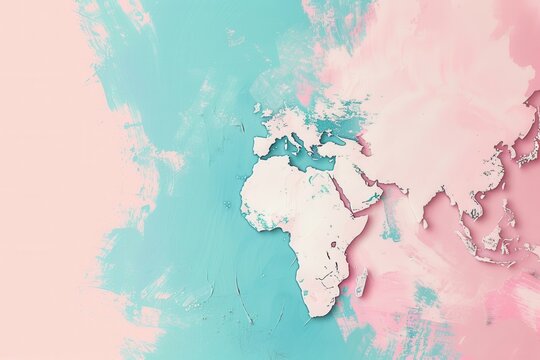 A simple, clean line illustration of a world map with blue and pink watercolor backgrounds, perfect for travel agencies and global travel companies. Generative AI - Powered by Adobe