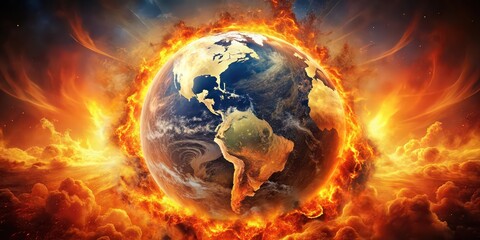 Dramatic stock photo of a world exploding in a fiery blaze, catastrophe, destruction, apocalypse, global disaster