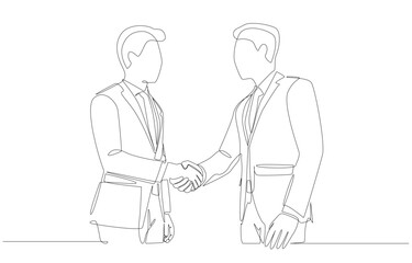 Continuous one line drawing of businessman shaking hands with client after completing project agreement, business deal concept, single line art.
