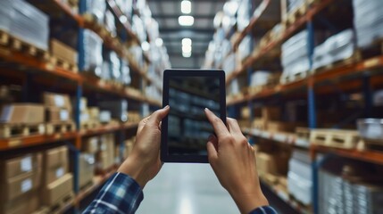 Modern digital tablet usage optimizes warehouse inventory management, enhancing logistics and supply chain effectiveness.