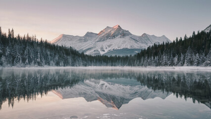 A serene lake with a mountain in the background. The reflection of the mountain in the water creates a peaceful and calming atmosphere