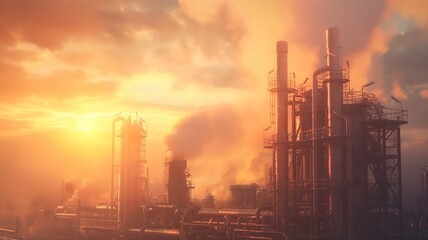 Obraz premium A gas production plant with pipes and tanks during sunset