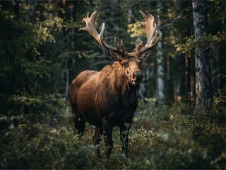 Fototapeta premium A towering moose stands tall in the middle of a quiet forest. There were enormous antlers soaring into the sky. sunlight shining through leaves