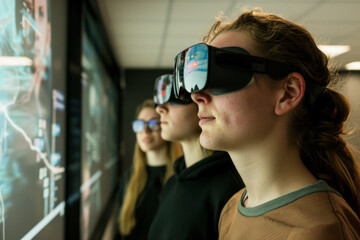 An augmented reality language-learning session captures students engaged with interactive, digital elements overlaid on their physical environment, enhancing immersion and education.