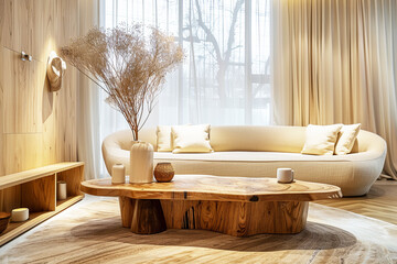 Modern and stylish living room interior with a curved sofa, solid wood coffee table, light wooden floors, and paneled walls, creating a cozy and elegant living space.