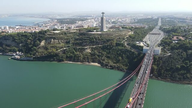 Ponte 25 de Avril Bridge, Christ the King statue, Alameda, Tagus River, Lisbon, Portugal
