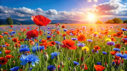 Fototapeta premium Field of vibrant poppies and cornflowers blooming under the sun , nature, flowers, red, blue, wildflowers, meadow, sunny