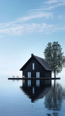 Fototapeta premium an old dark-colored house with a dark roof on the lake. The house is reflected in calm water, cold lighting, bright sunny day, bright blue sky with clouds
