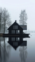 Fototapeta premium A small dark-colored wooden house on the lake. The house is reflected in the water, the lighting is cold, foggy morning. In the background there are mountains and forest, dark trees