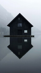 Fototapeta premium A small dark-colored wooden house on the lake. The house is reflected in the water, the lighting is cold, foggy morning. In the background there are mountains and forest, dark trees