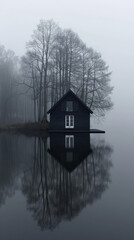 an old dark-colored house with a dark roof on the shore of the lake. The house is reflected in calm water, cold lighting